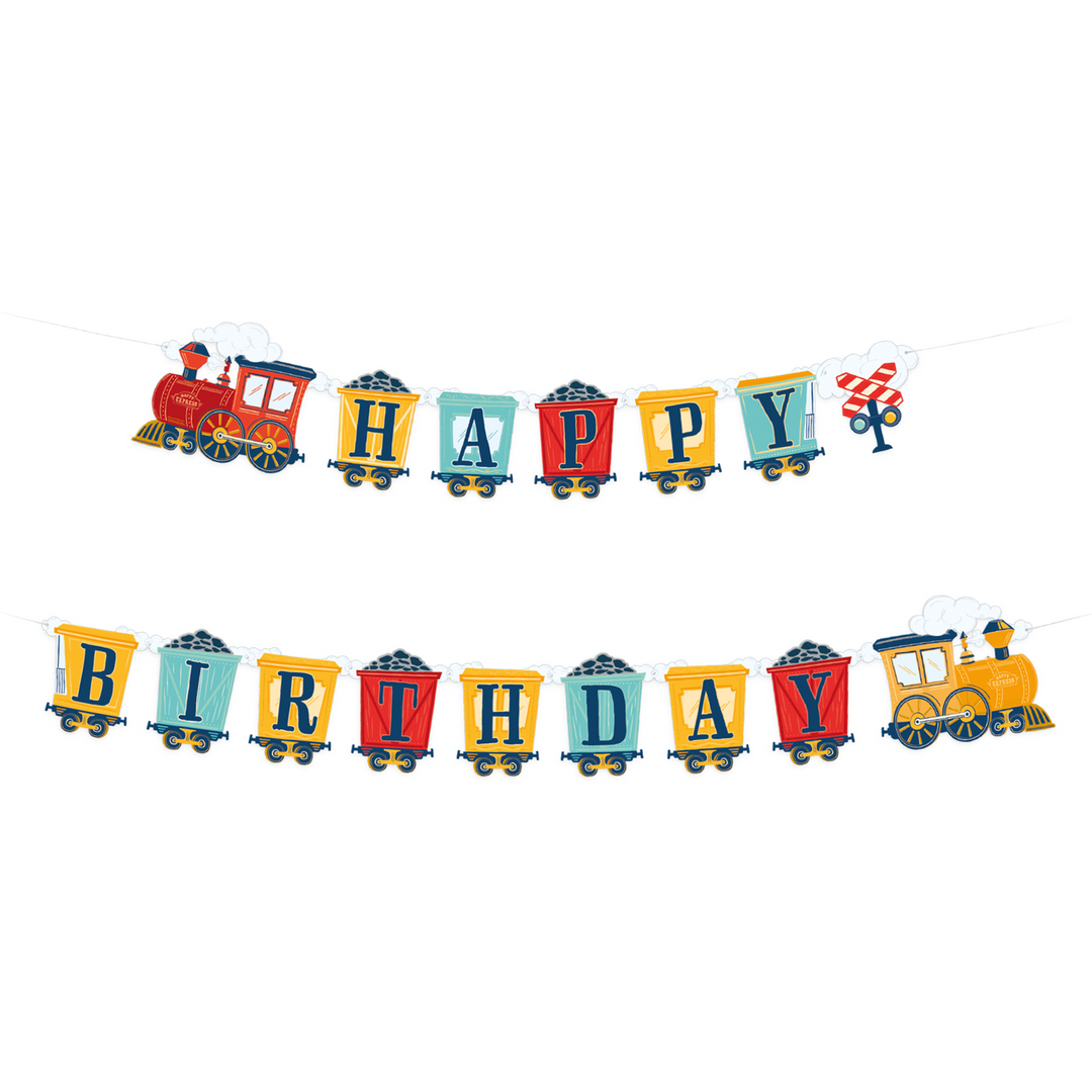 Baner z napisem Happy Birthday z motywem ciuchci i kolorowych wagoników z węglem
