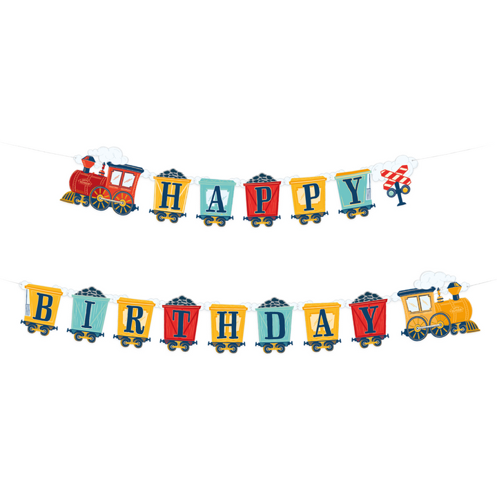 Baner z napisem Happy Birthday z motywem ciuchci i kolorowych wagoników z węglem