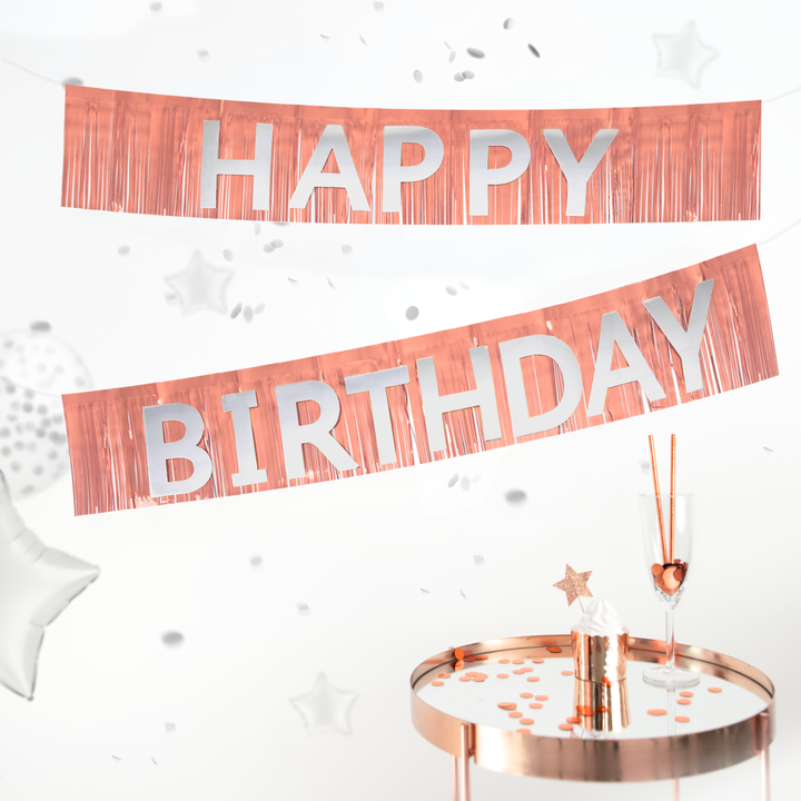 Baner urodzinowy frędzle rose gold-srebrny 200cm