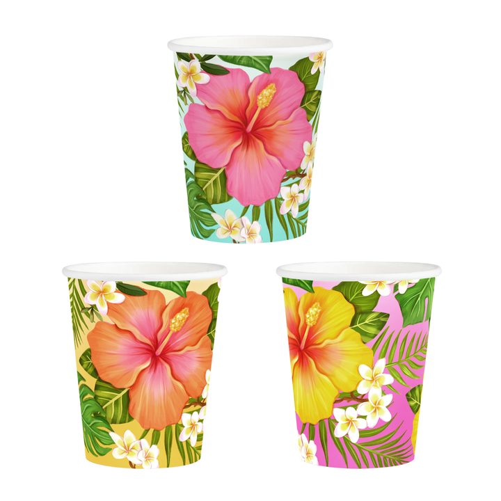 Becher mit tropischen Blumen und „Aloha“-Motiv, 270 ml, 6 Stück