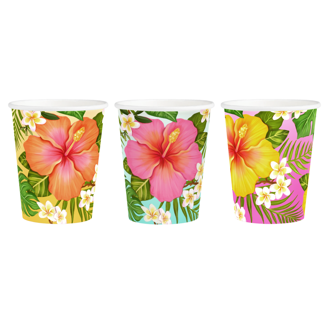 kubki papierowe aloha z motywem tropikalnych kwiatów w kolorze żółtym, różowym i pomarańczowym