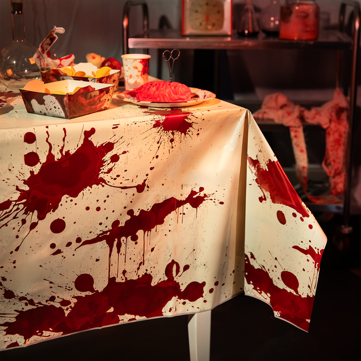 obrus plastikowy w plamy krwi na halloween. Na stole pudełko na chipsy, kubek papierowy jednorazowy, talerz papierowy jednorazowy, wszystkie dekoracje z motywem krwi z kolekcji bloody na halloween
