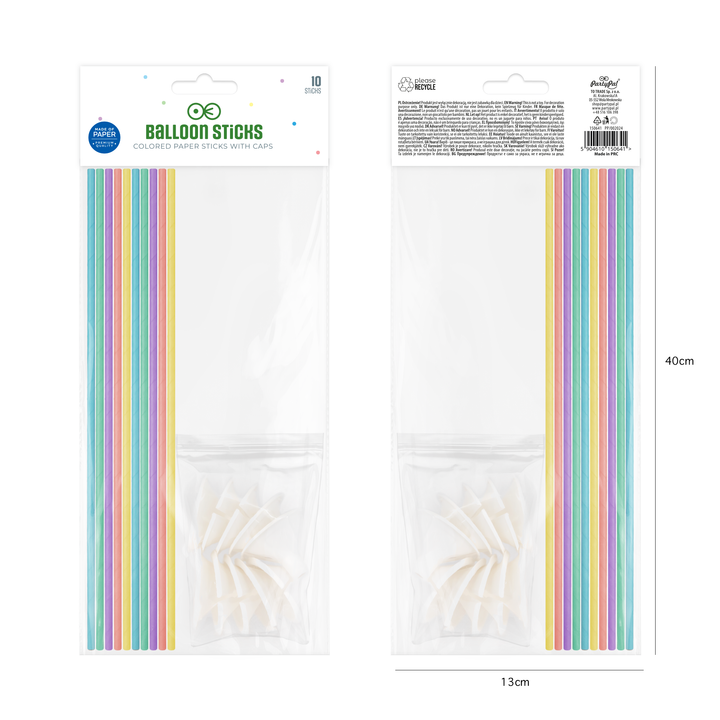 Bastoncini per palloncini in carta Premium con tappi, mix di colori pastello, 10 pezzi.