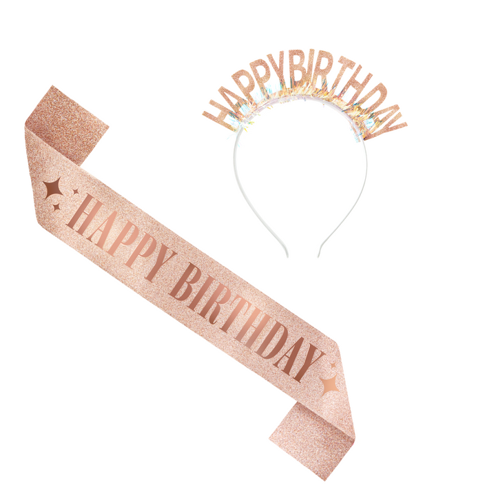 Szarfa i opaska urodzinowa Happy Birthday rose gold - zestaw