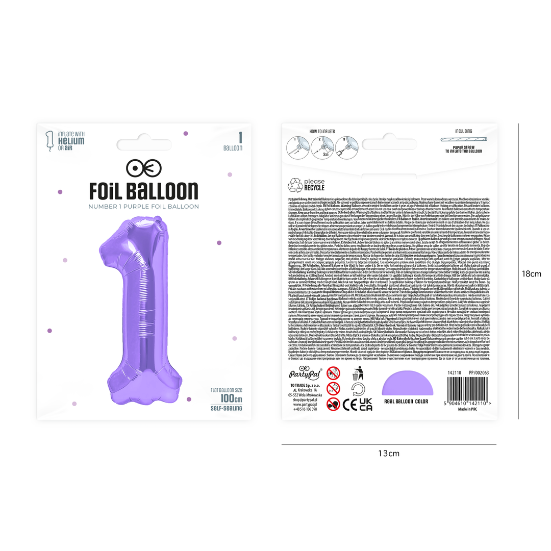 Balon foliowy cyfra 1 fioletowy 100cm