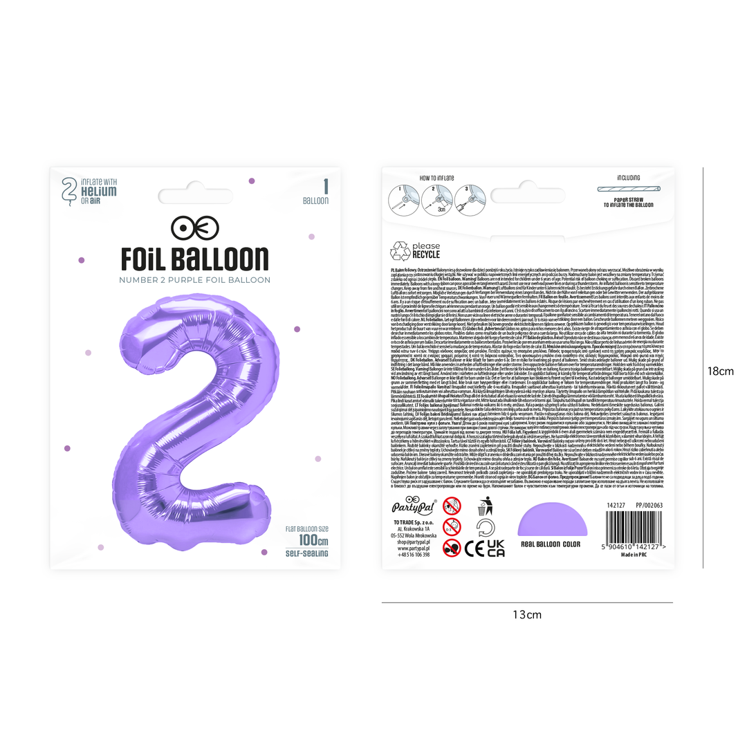Balon foliowy cyfra 2 fioletowy 100cm