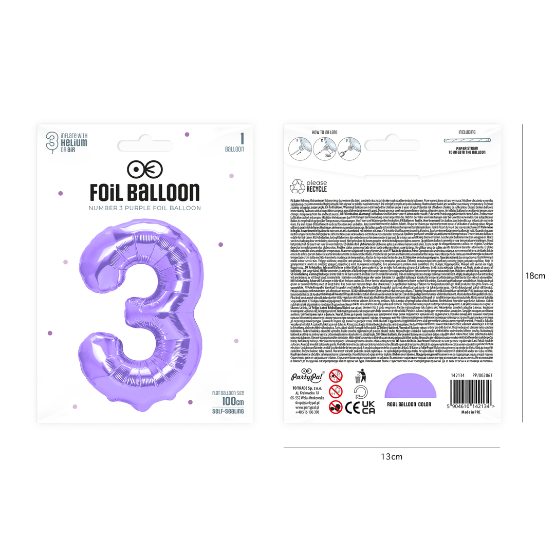 Balon foliowy cyfra 3 fioletowy 100cm