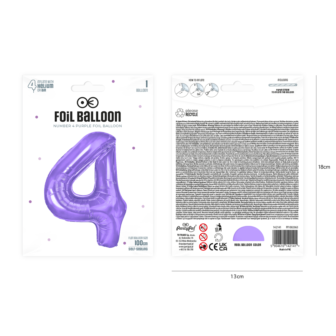 Balon foliowy cyfra 4 fioletowy 100cm
