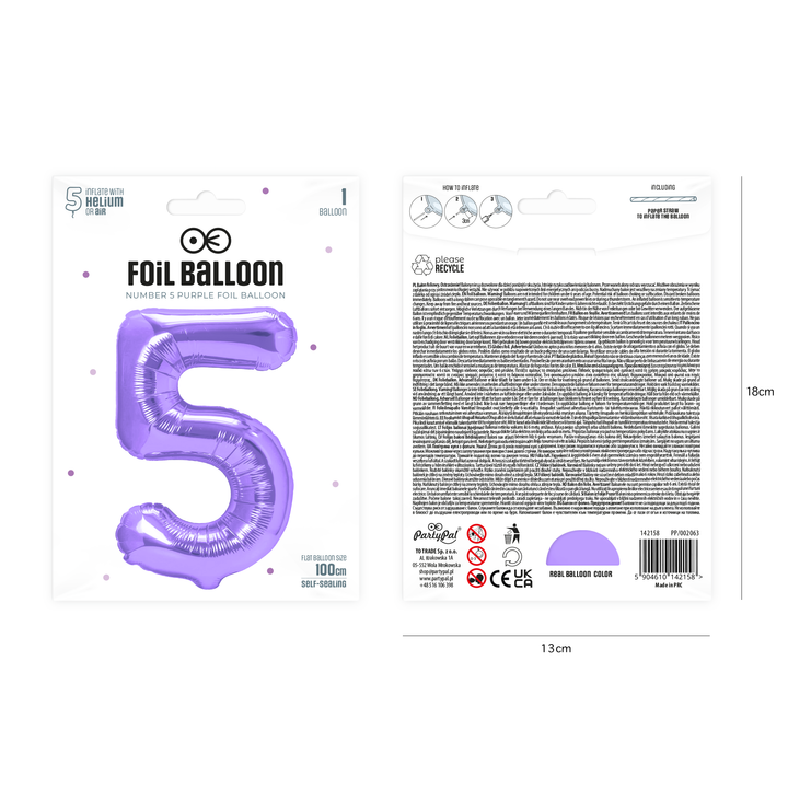 Balon foliowy cyfra 5 fioletowy 100cm