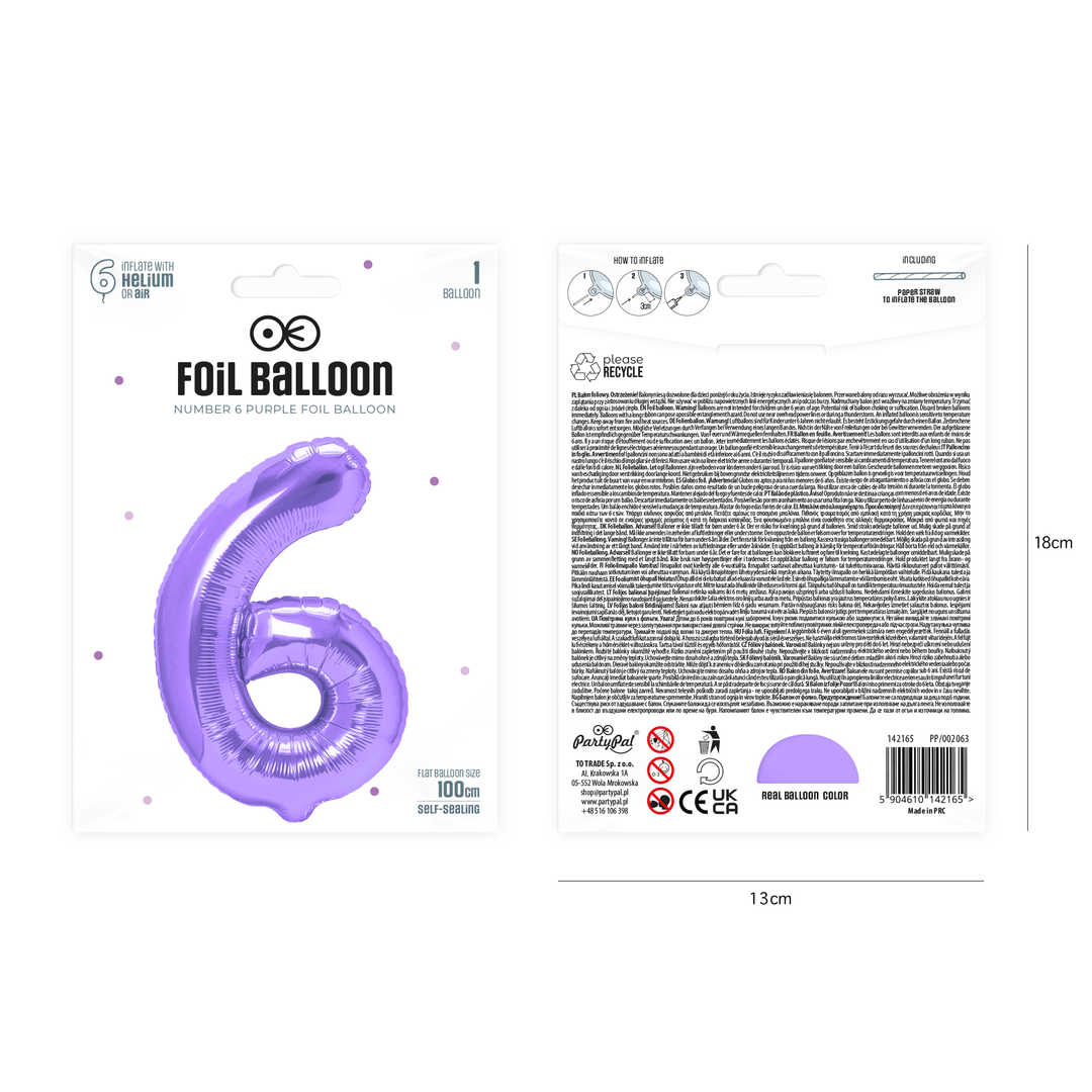 Balon foliowy cyfra 6 fioletowy 100cm