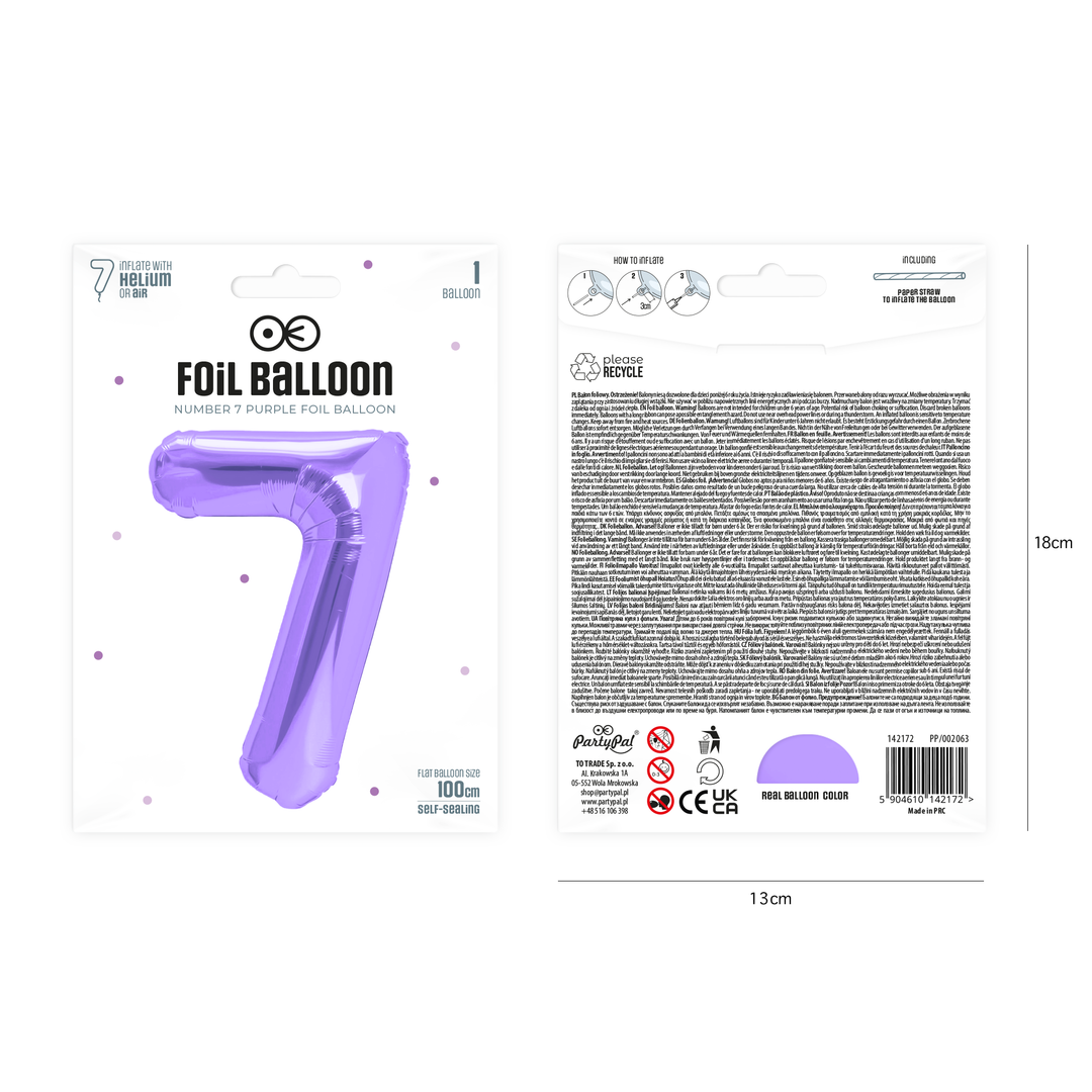 Balon foliowy cyfra 7 fioletowy 100cm