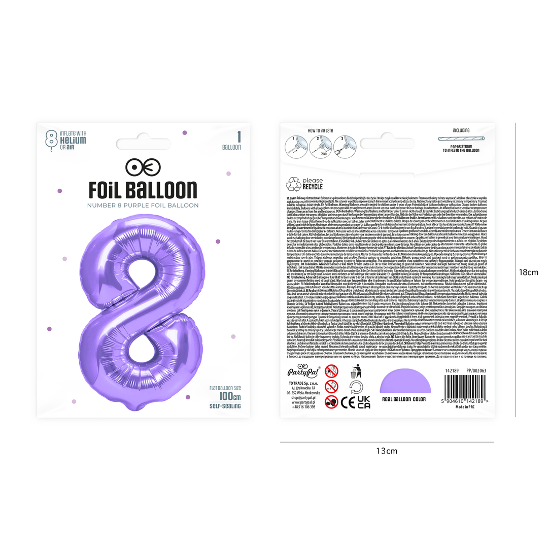 Balon foliowy cyfra 8 fioletowy 100cm