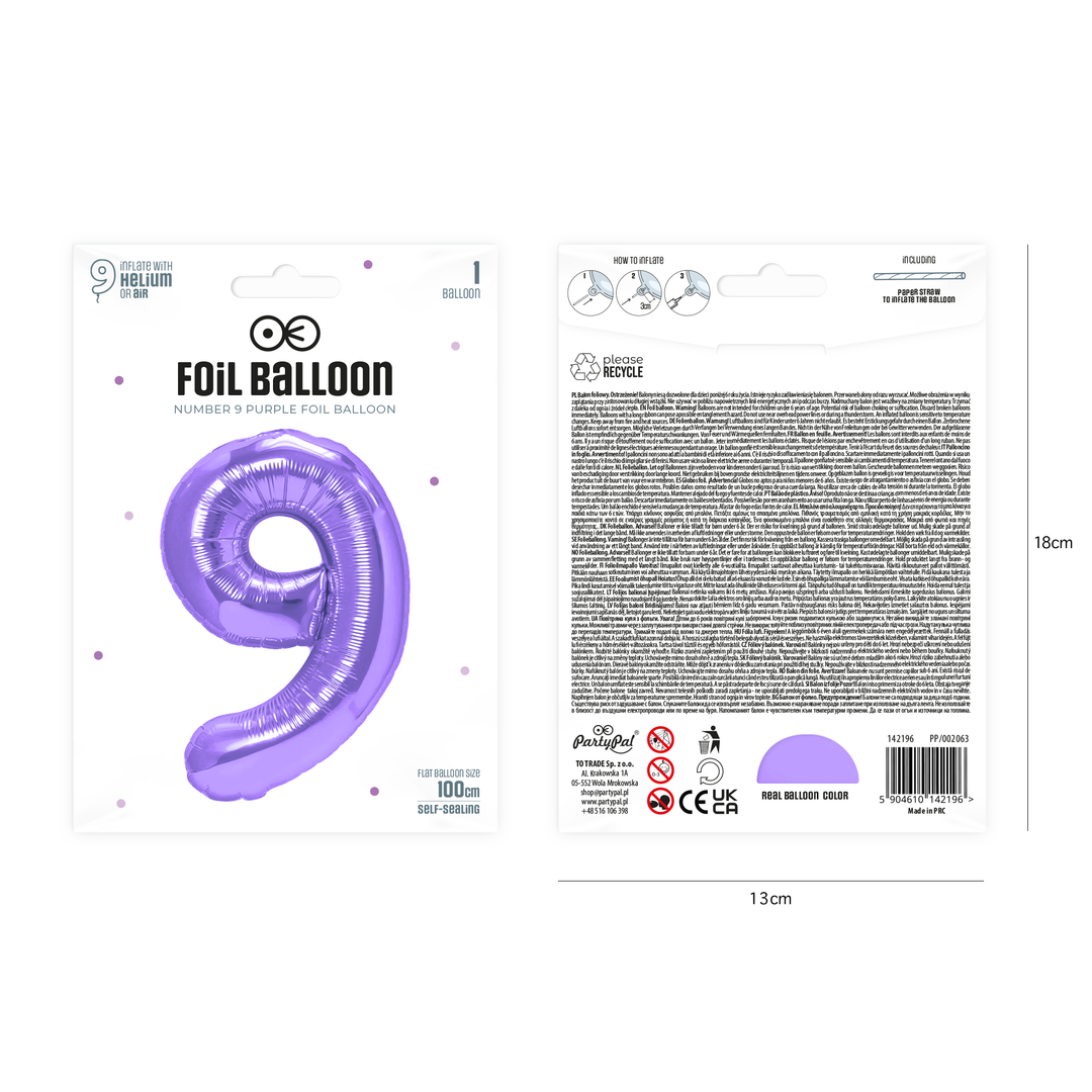 Balon foliowy cyfra 9 fioletowy 100cm