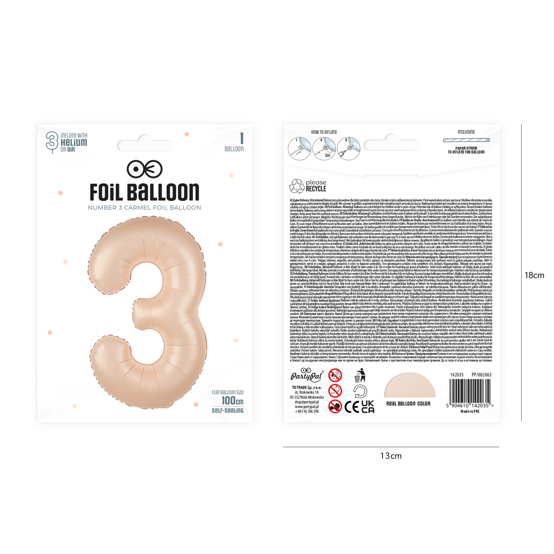 Balon foliowy cyfra 3 karmelowy 100cm