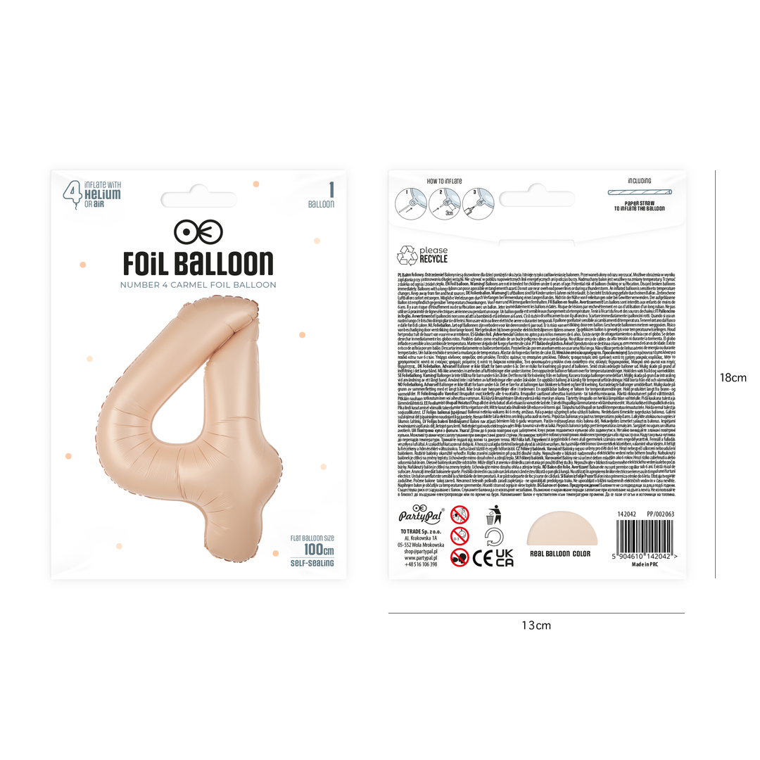 Balon foliowy cyfra 4 karmelowy 100cm