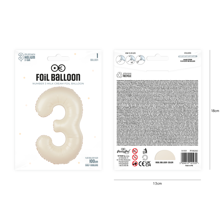 Balon foliowy cyfra 3 kremowy 100cm