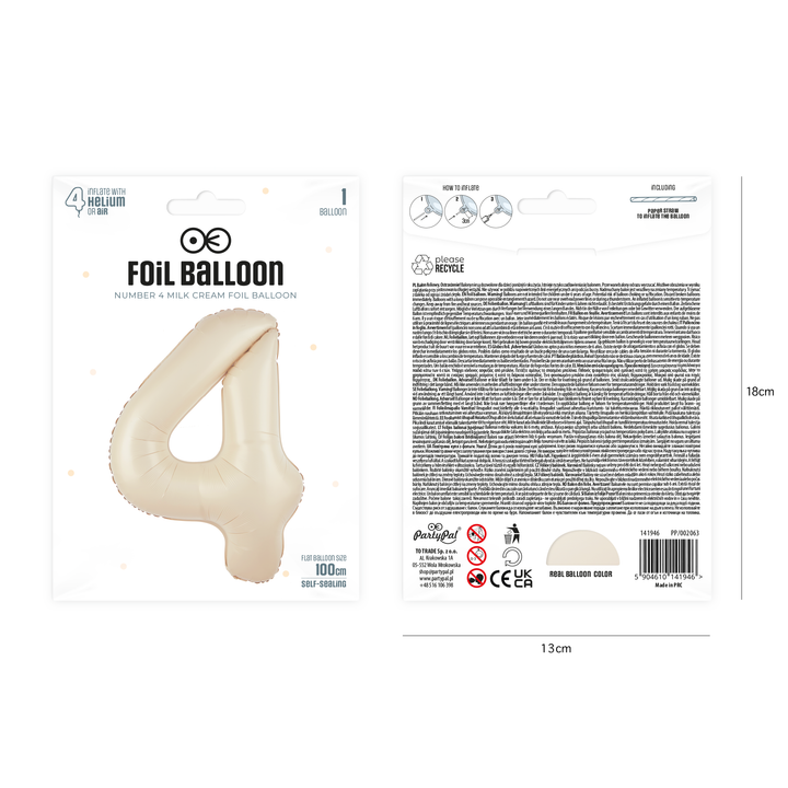 Balon foliowy cyfra 4 kremowy 100cm