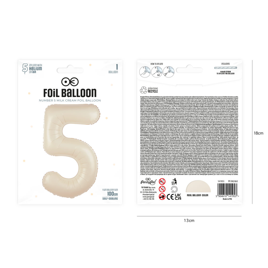Balon foliowy cyfra 5 kremowy 100cm
