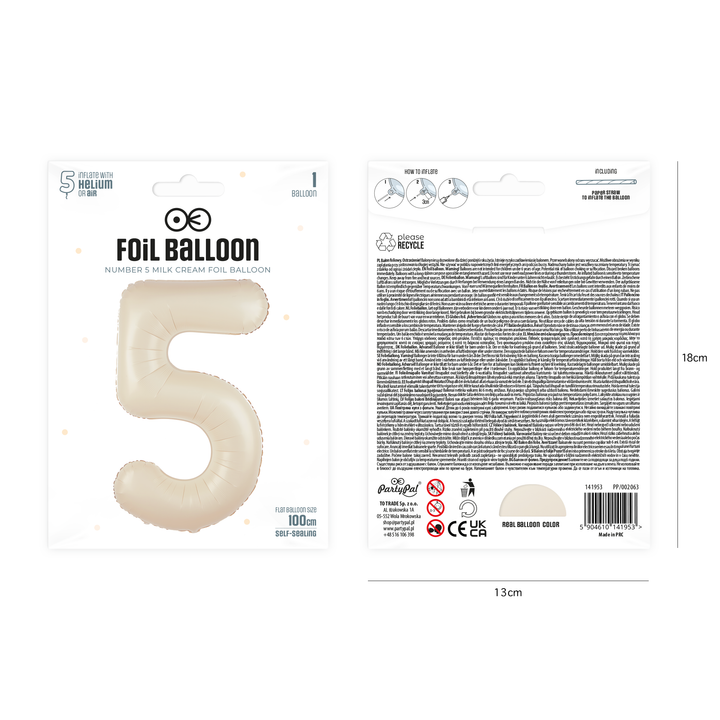 Balon foliowy cyfra 5 kremowy 100cm