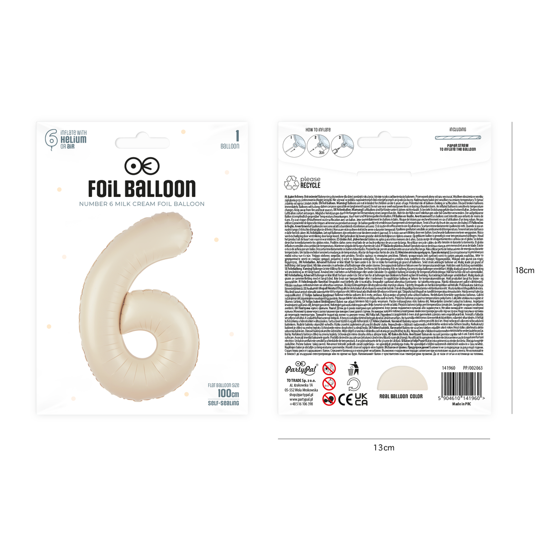 Balon foliowy cyfra 6 kremowy 100cm