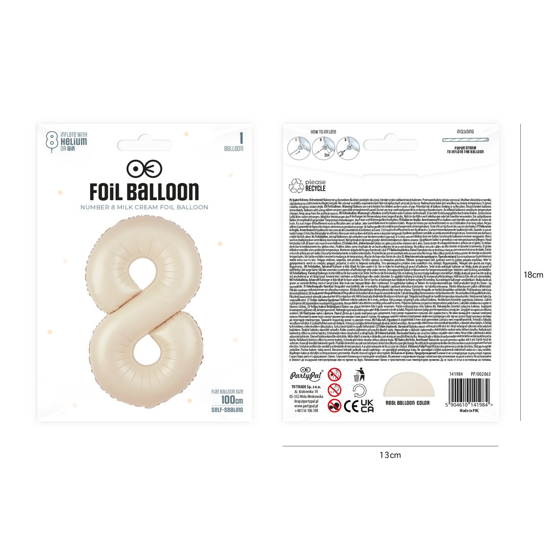 Balon foliowy cyfra 8 kremowy 100cm