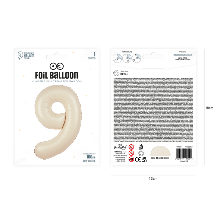 Balon foliowy cyfra 9 kremowy 100cm