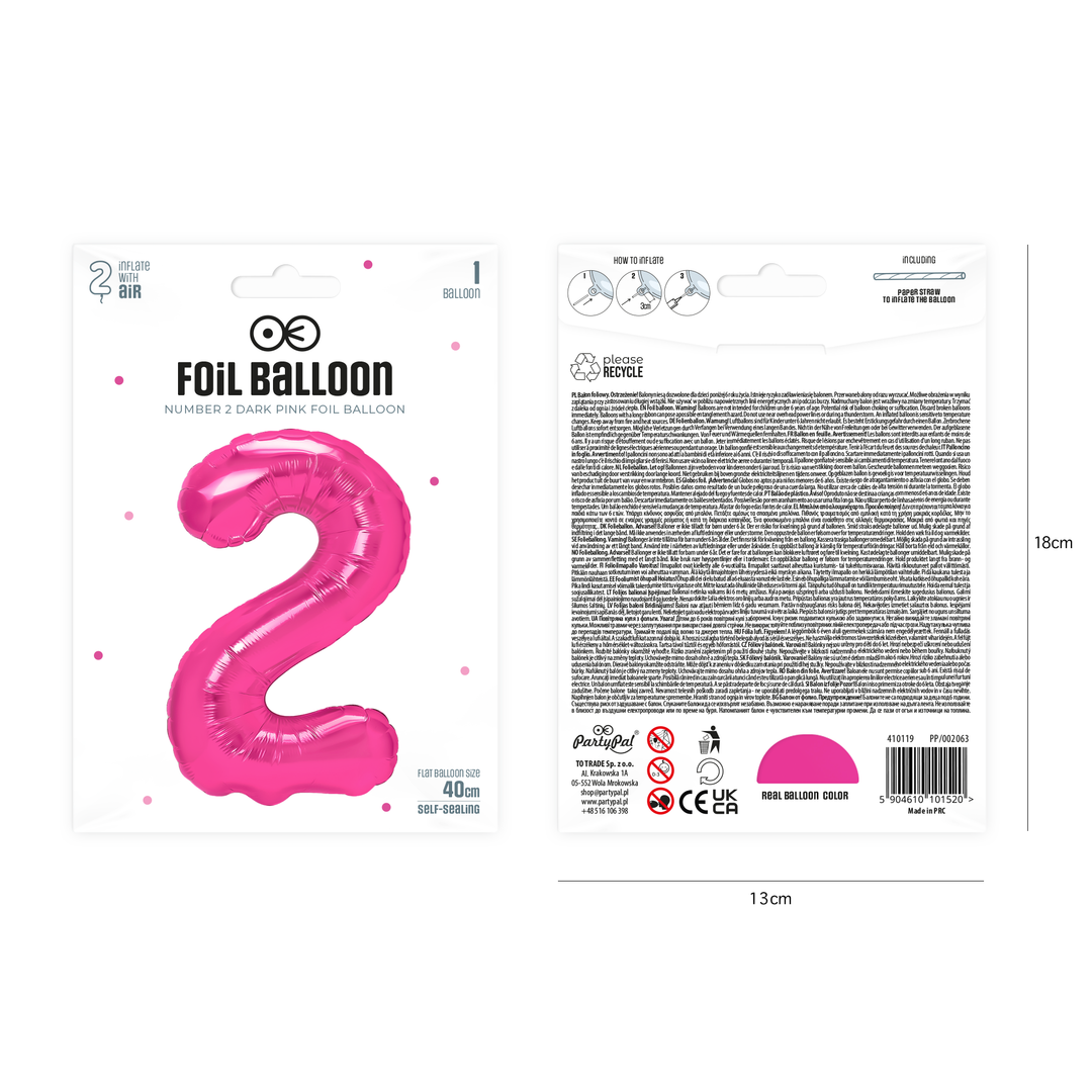 Balon foliowy cyfra 2 ciemnoróżowy 40cm