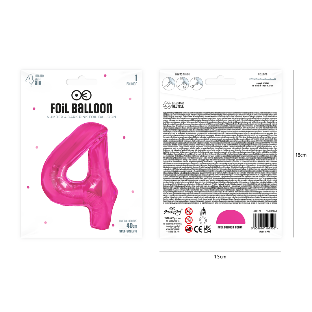 Balon foliowy cyfra 4 ciemnoróżowy 40cm