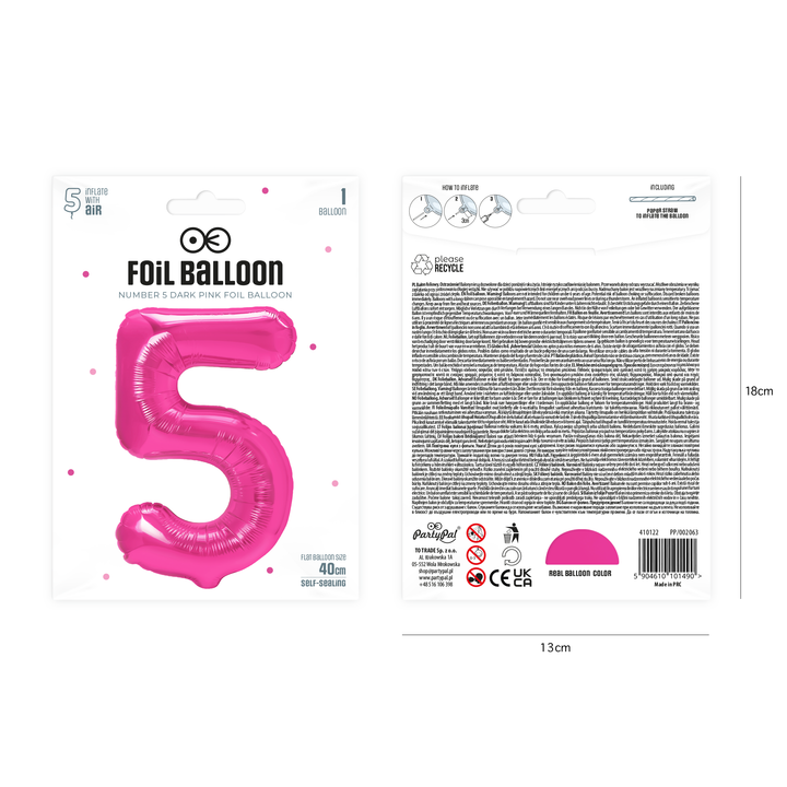 Balon foliowy cyfra 5 ciemnoróżowy 40cm