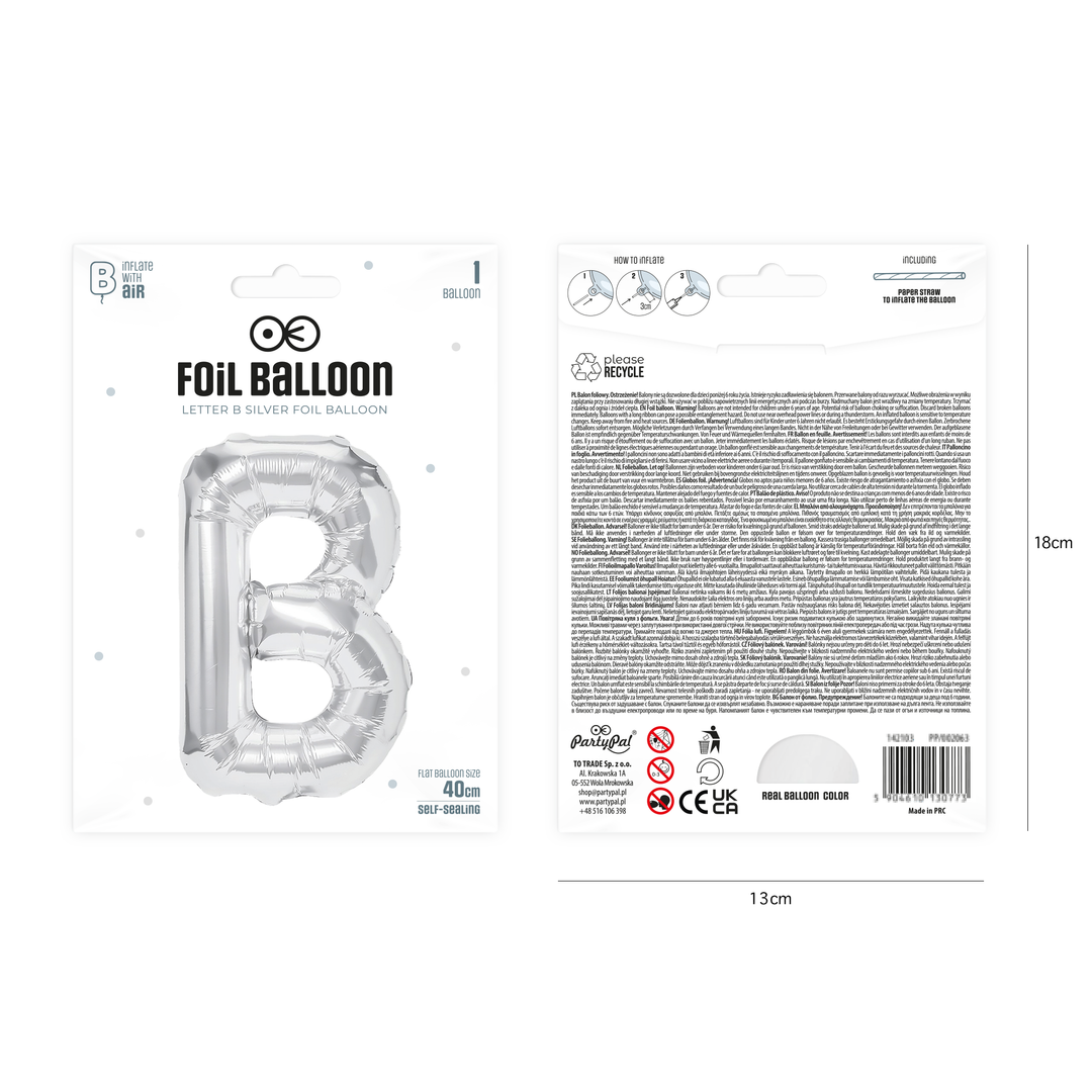 Balon foliowy litera B srebrny 40cm