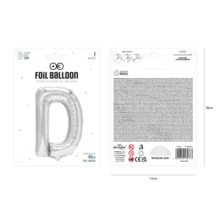 Balon foliowy litera D srebrny 40cm