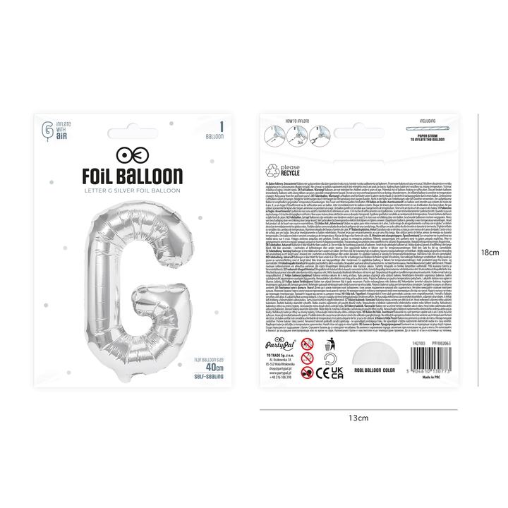 Balon foliowy litera G srebrny 40cm