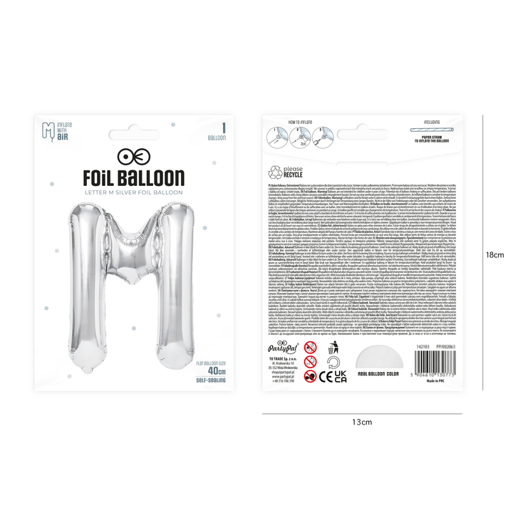 Balon foliowy litera M srebrny 40cm