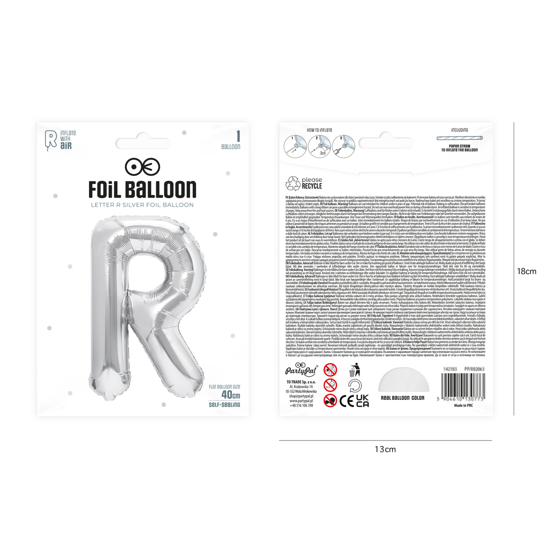 Balon foliowy litera R srebrny 40cm