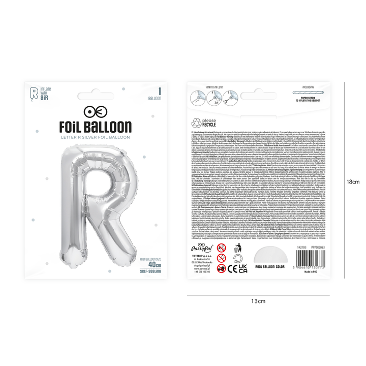 Balon foliowy litera R srebrny 40cm