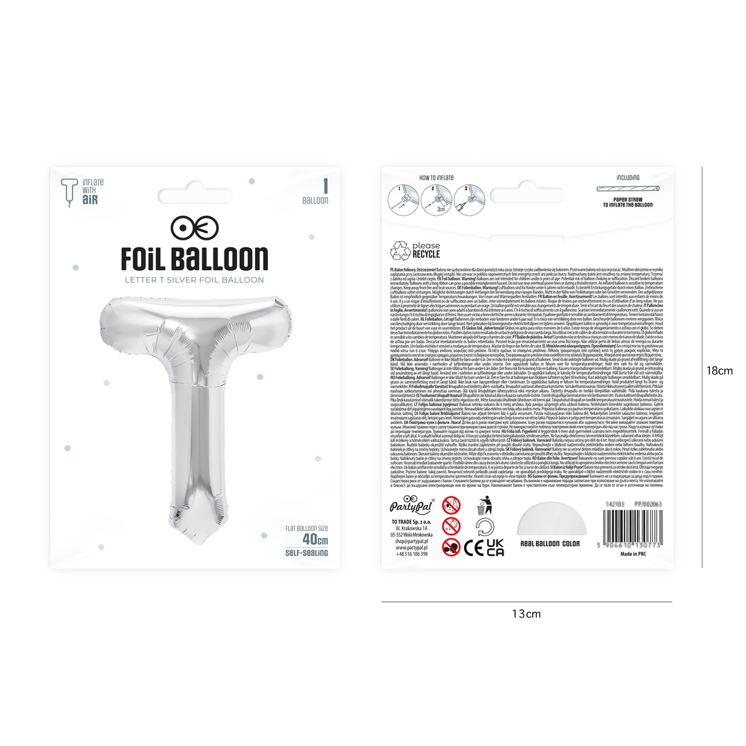 Balon foliowy litera T srebrny 40cm