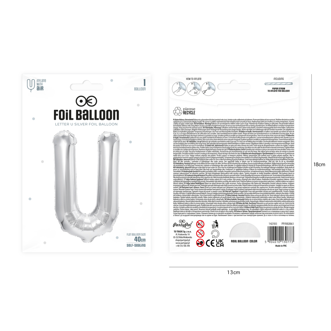 Balon foliowy litera U srebrny 40cm