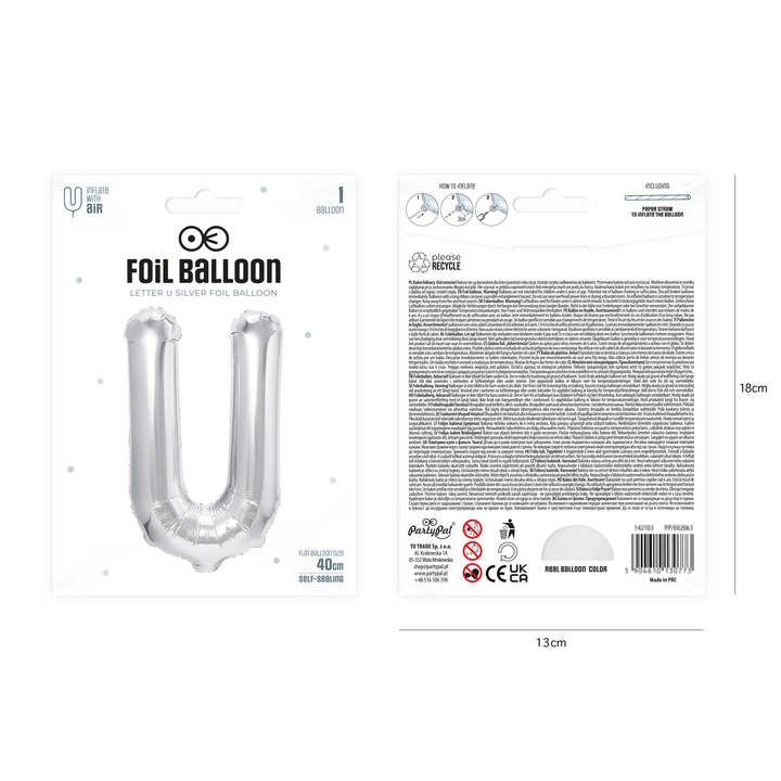 Balon foliowy litera U srebrny 40cm