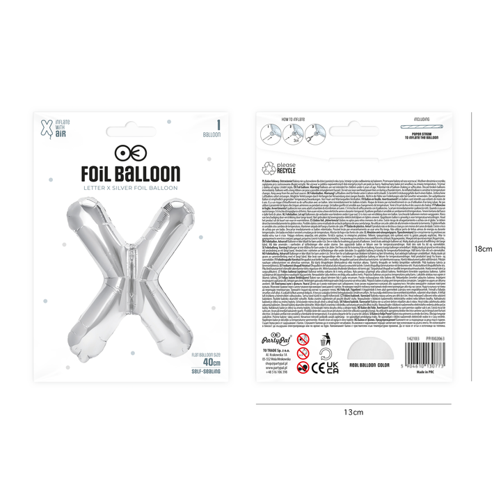 Balon foliowy litera X srebrny 40cm