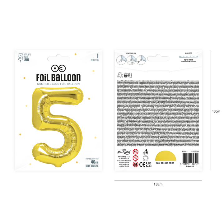 Balon foliowy cyfra 5 złoty 40cm