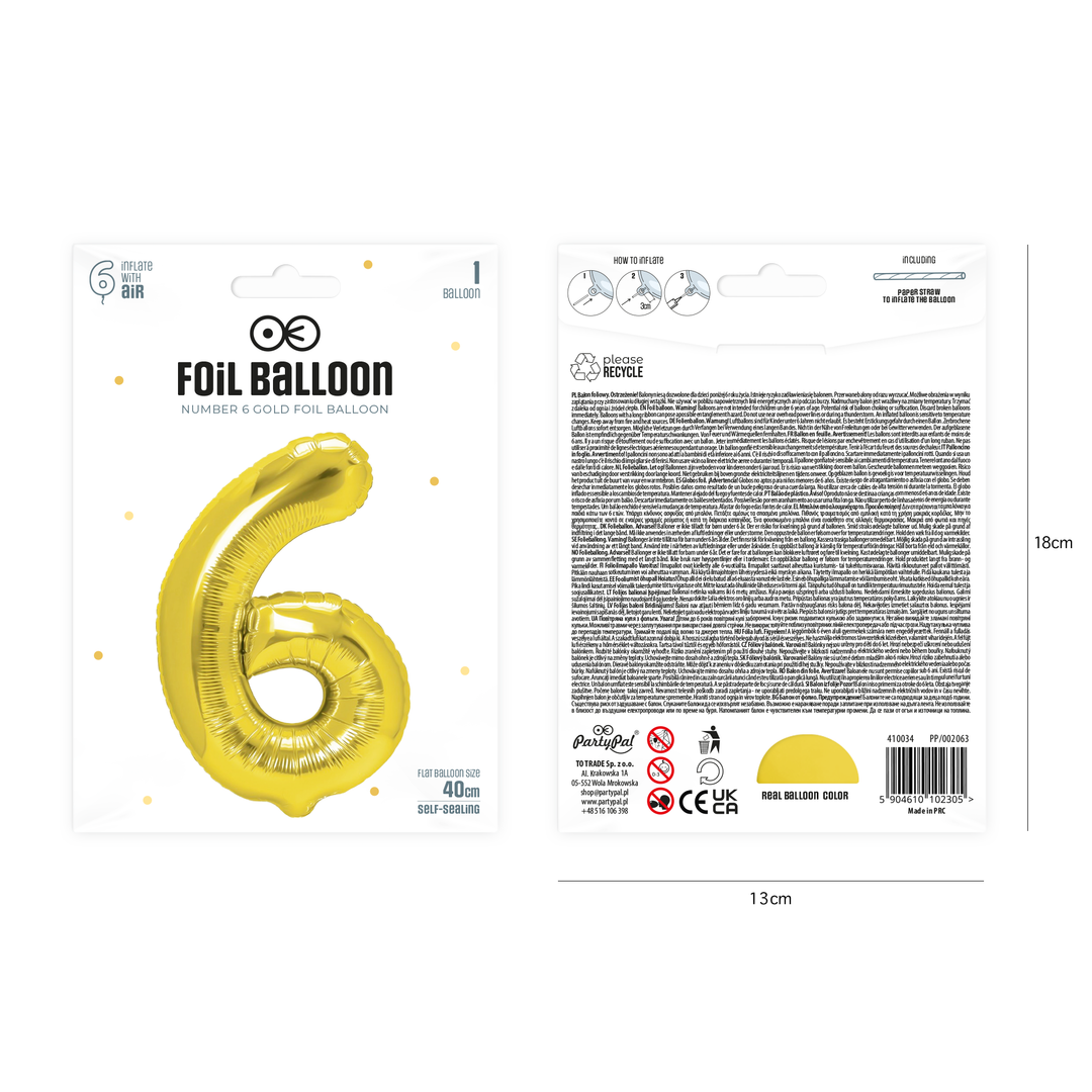 Balon foliowy cyfra 6 złoty 40cm