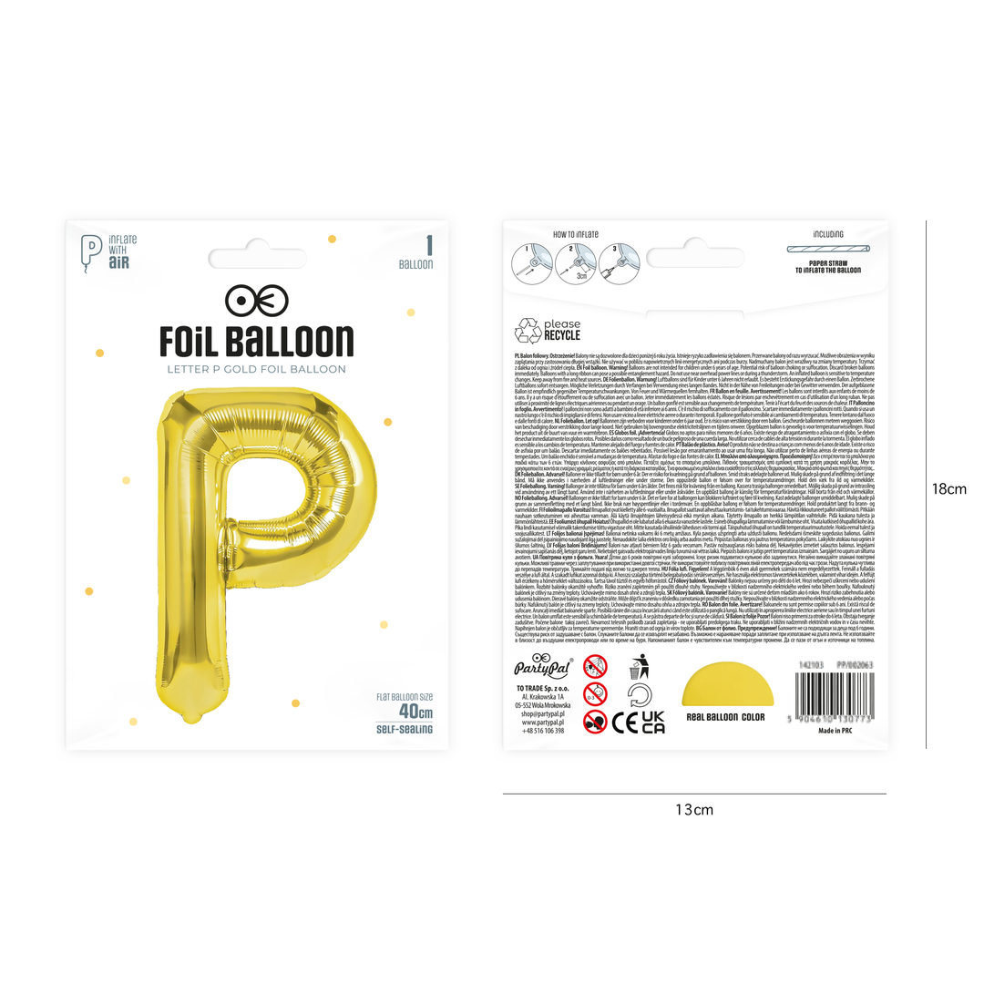 Balon foliowy litera P złoty 40cm