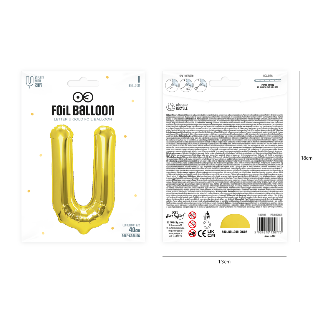 Balon foliowy litera U złoty 40cm