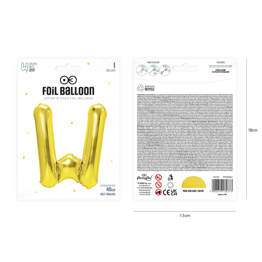 Balon foliowy litera W złoty 40cm
