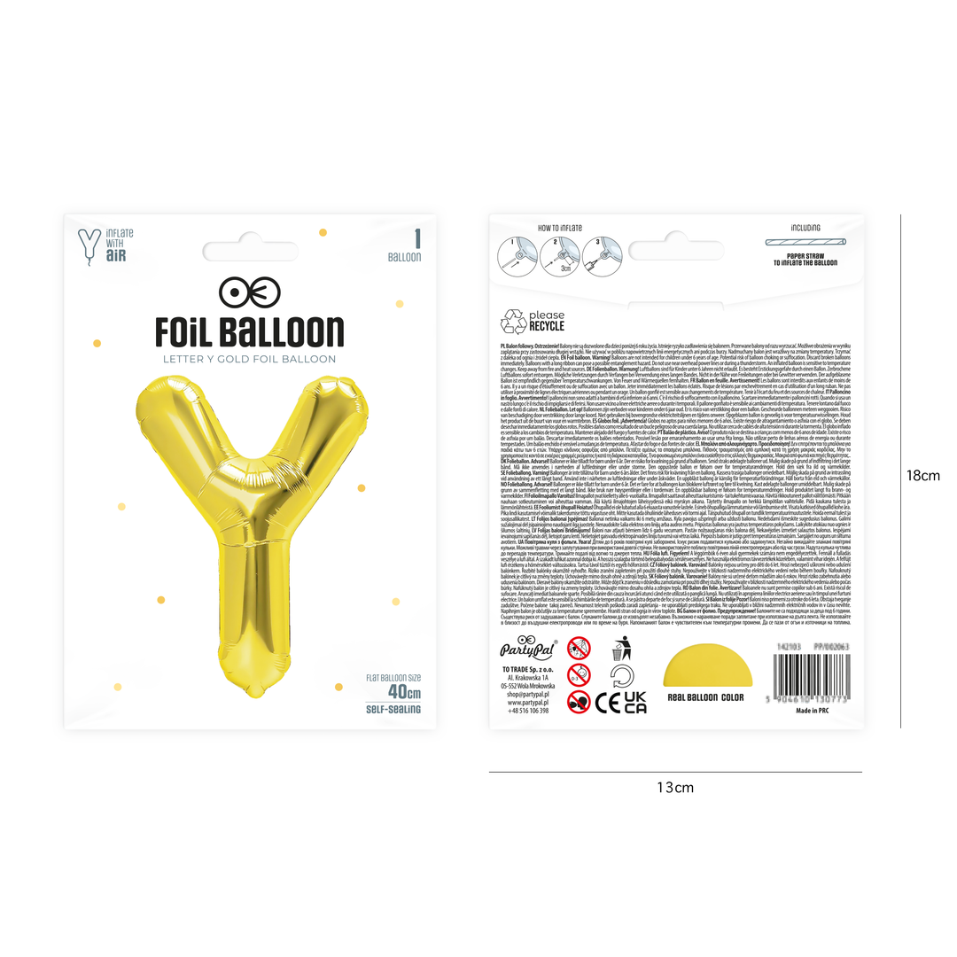 Balon foliowy litera Y złoty 40cm