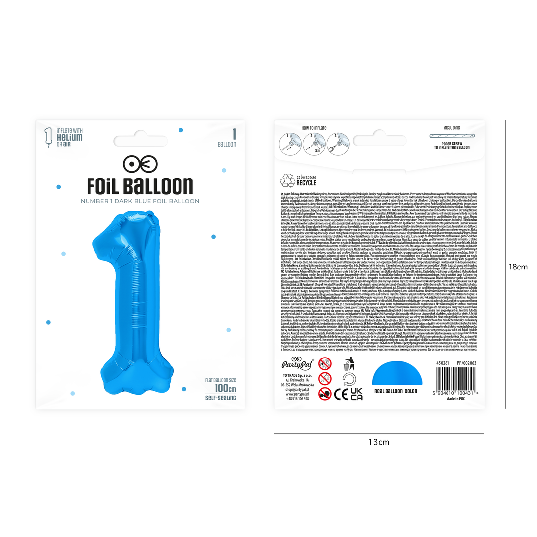 Balon foliowy cyfra 1 ciemnoniebieski 100cm