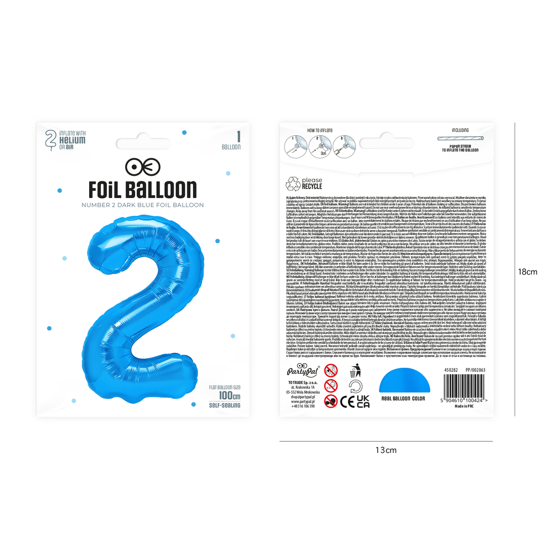 Balon foliowy cyfra 2 ciemnoniebieski 100cm