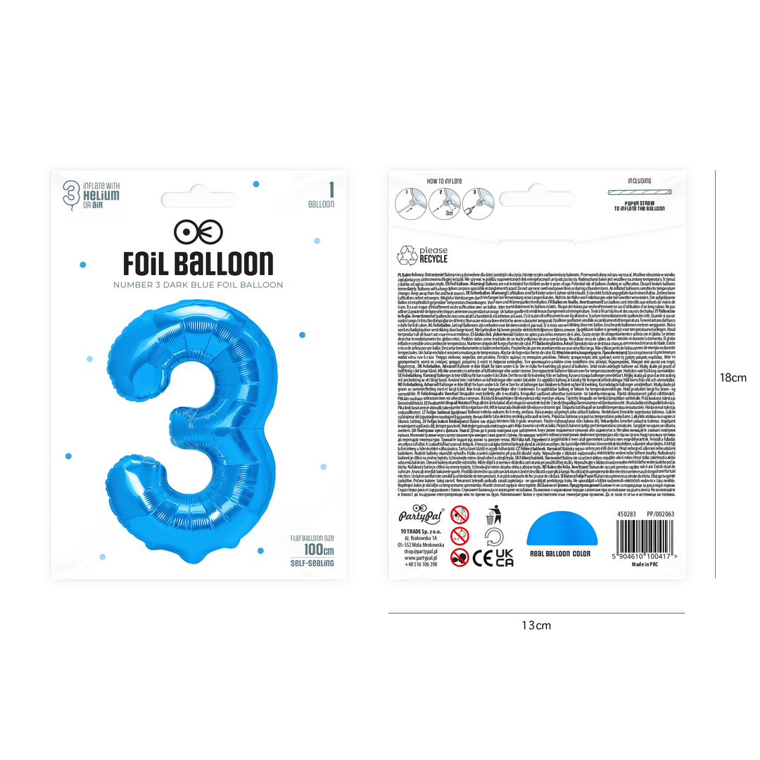 Balon foliowy cyfra 3 ciemnoniebieski 100cm