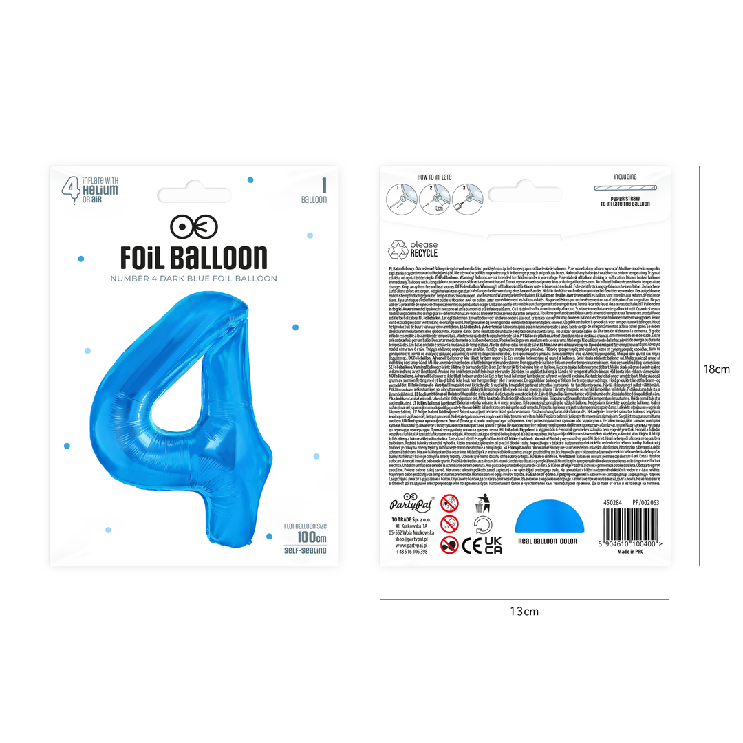 Balon foliowy cyfra 4 ciemnoniebieski 100cm