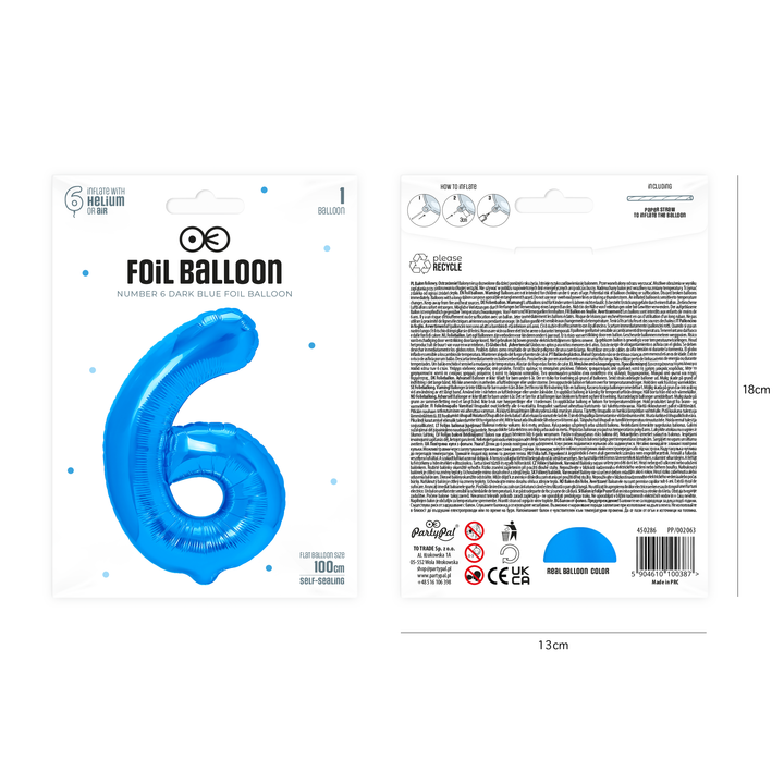 Balon foliowy cyfra 6 ciemnoniebieski 100cm